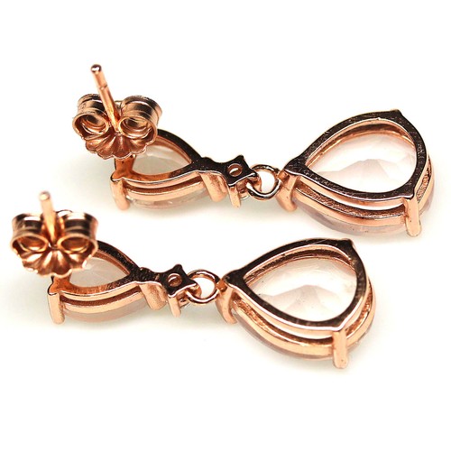 925 Sterling Silver Pink Rose Quartz & Zircon Earrings Rose Gold Coated - Picture 3 of 4