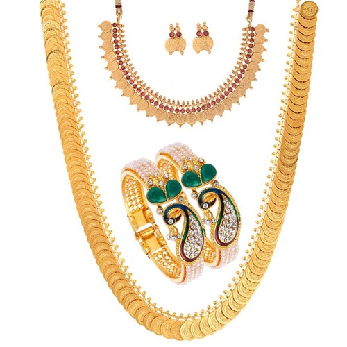 Women Bangles Necklace Earring Jewelry Set Gold Plated Pearl Studded For Girls - Picture 3 of 35
