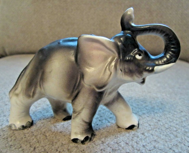 Vintage grey bisque porcelain elephant trunk up Japan 3.25" collectible