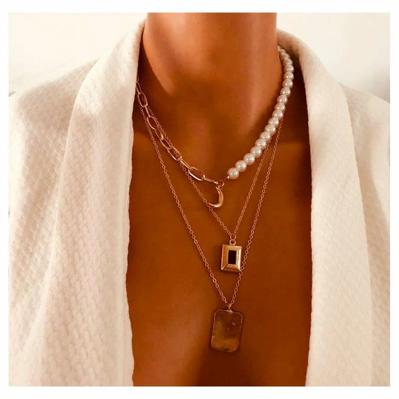 HOT Celeb Gold Chain Layered Pearl Metal Charm Choker Necklace By