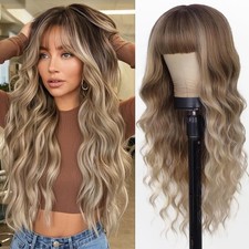 Ombre Blonde Wig with Bangs Long Blonde Wavy Wigs for Women Synthetic Curly W...