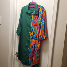 Green Multicolor Abstract Button Front Collared Shirt Dress  XL Knee Length