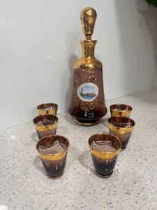 Antique Italian Ametheyst and Gold Glass Decanter and 6 Shot Glass