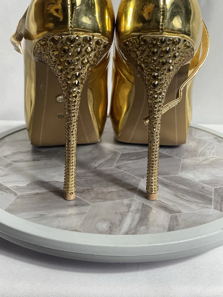Zapatos de tacón Thalia Sodi dorado 5" Stilito adornados con correas para el tobillo ¡Talla 9,5! Foto 4 de 4