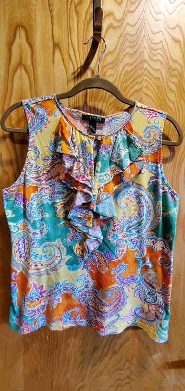 Ralph Lauren Size M Multi-Color Ruffled Keyhole V-Neck Sleeveless Cotton Top