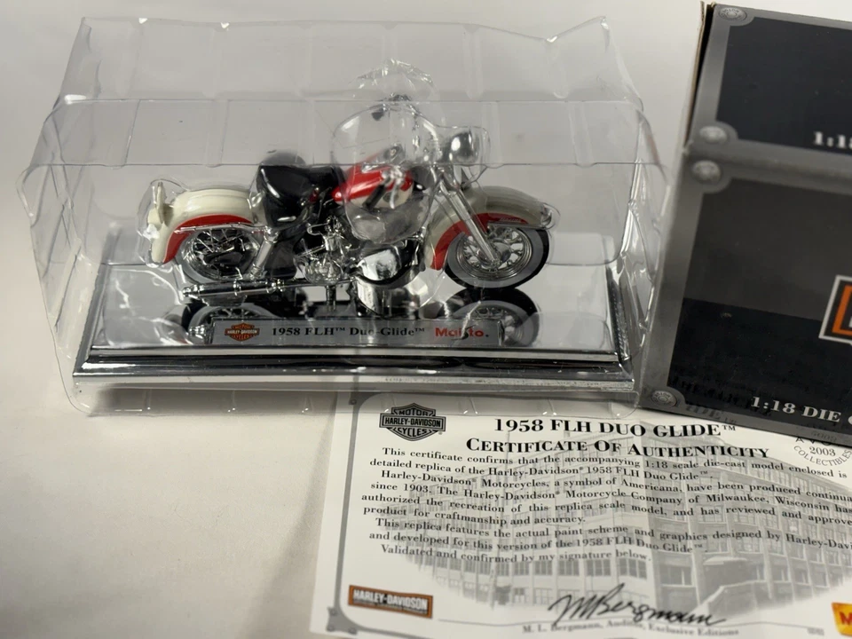 Maisto 1958 FLH Duo Glide Harley Davidson 1:18 motocicleta com caixa de certificado de autenticidade vintage EUA NOS - Imagem 2 de 4