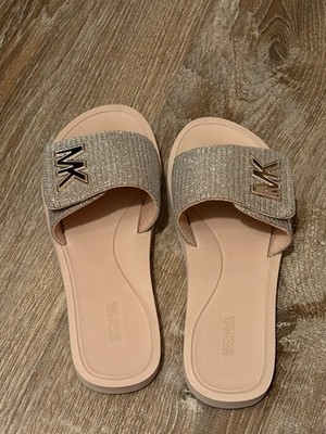 Michael Kors Glitter Logo Slide Sandals Size 9M, White Gold, with