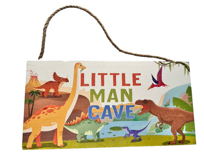 Little Man Cave Hanging Door Sign 6 x 12 Bedroom Playroom  Dinosaurs Door Decor