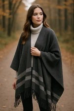 Dillards Wool Cashmere Poncho OS Ruana Wrap Stripe Fringe Cape Shawl Cozy Luxe