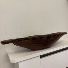 Vintage Hand Carved African Oval Wood Wooden Bowl With Handles Canoe Fruit  18”