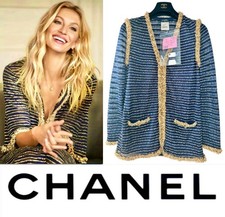 5K Chanel 2015 Dubai Blue Gold Logo Cardigan Sweater Jacket 36 38 4 6 Top S M