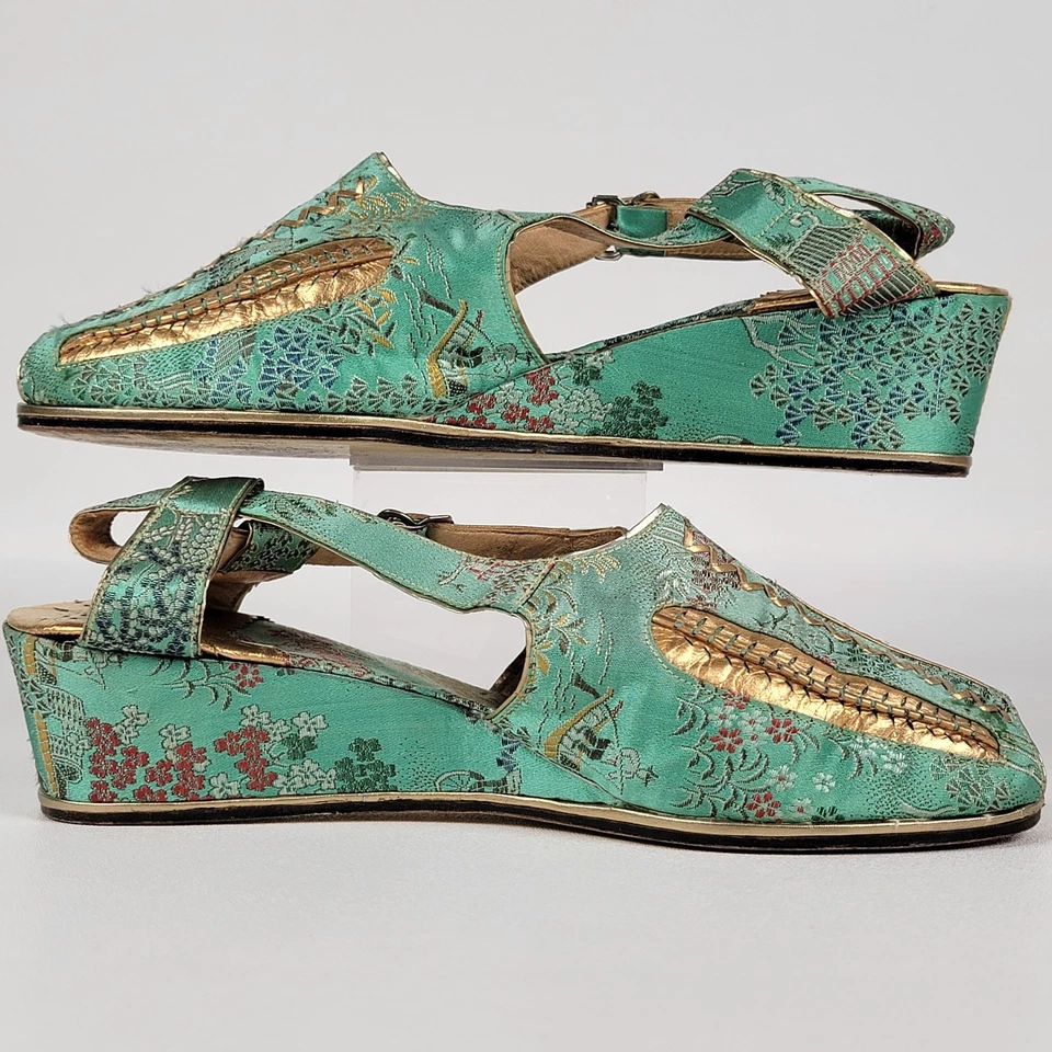 1940S Sweetheart Wedge Shoes With Embroidery Teal Women's Size 6.5 - Image 4 of 4