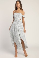 Lulus Easy on the Eyes Sz Small White Floral Print Off the Shoulder Maxi Dress