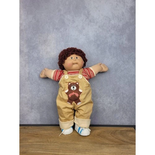 Vintage Cabbage Patch Kids Boy Doll Brown Yarn Hair Bear Overalls Striped Shirt