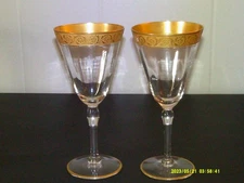 2 Tiffin Optic Gold Encrusted Water Wine Goblet Stem