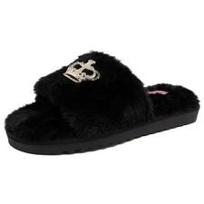Juicy Couture Women's Faux Fur Slide Slippers with Rhinestone Crown, Open...