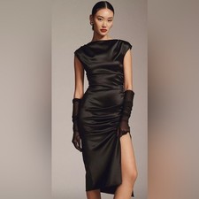 BHLDN Black Satin Ruched Midi Dress, Anthropologie, NWT, Size L