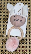 NEW Zestt Baby Bunny Teether 100  Organic Cotton  Natural Wood Rattle Blush