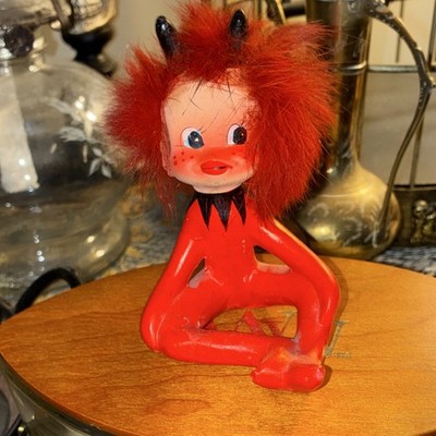 Red Elf Pixie Figurine with Fuzzy Hair and Black Horns