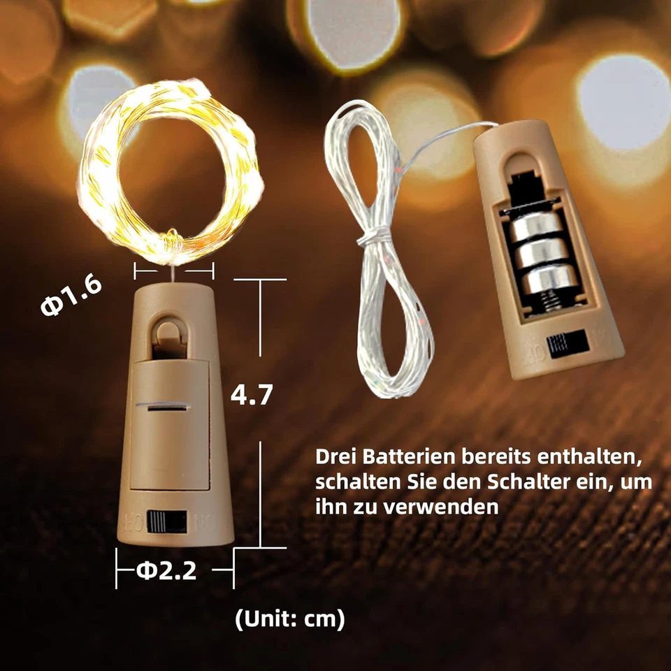 18 Luci a LED per Bottiglie, 2 M, 20 LED, in Sughero, per Natale, Feste, Matrimo - Immagine 4 di 4