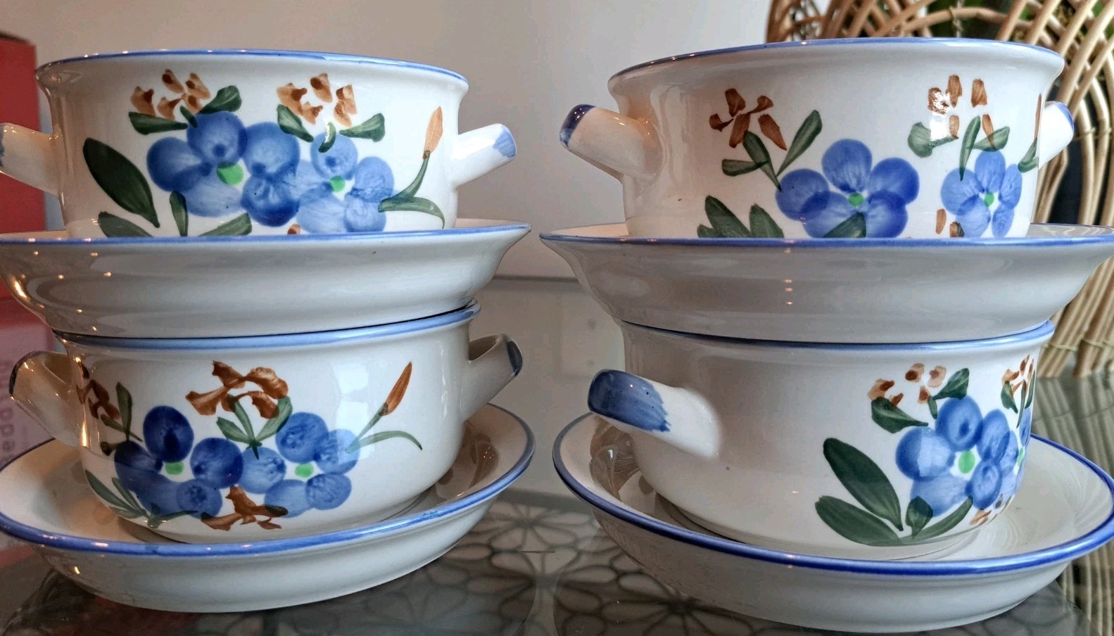 4x VTG PMC Blue Floral Soup Bowls w/ Underplates Double Handle Bouillon Bowls