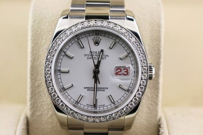 2009 Rolex Datejust 116200 White Dial Diamond Bezel Roulette SS