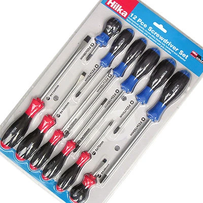 Hilka Pro Craft 12pc Screwdriver Set. Pozi (Cross) & Slotted (Flat) Head Drivers