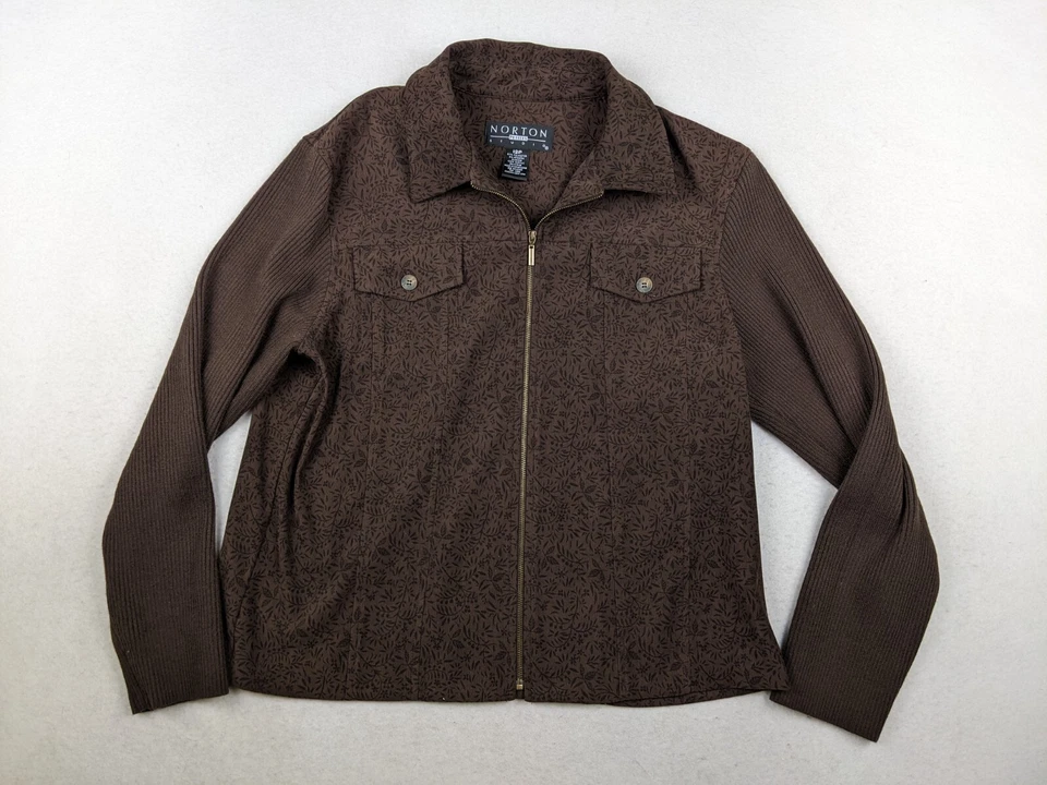 NORTON STUDIO WOMEN'S BROWN FLORAL PRINT JACKET WITH SWEATER KNIT SLEEVES - 12P - Image 2 of 4