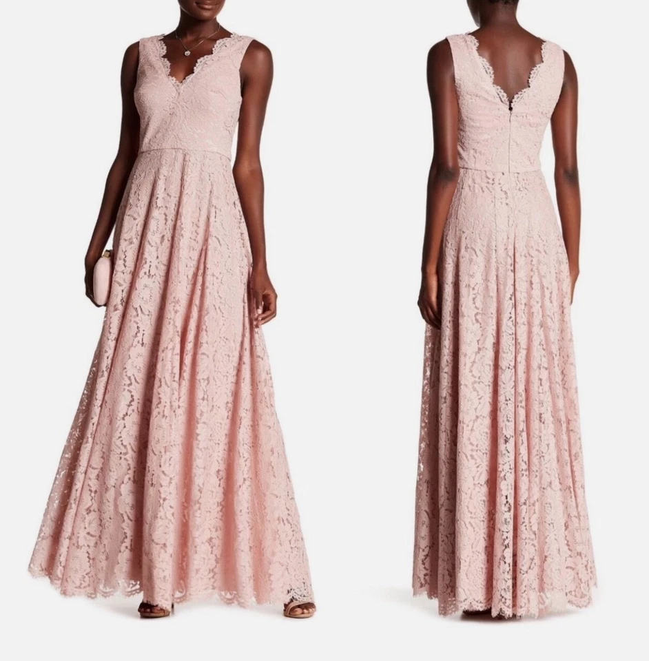 Maxi Vestido Vera Wang Rosa Encaje Festoneado Cuello en V Espalda en V Sin Mangas Plisado 8 EE. UU. M Foto 3 de 4