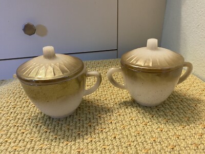Vtg FEDERAL GLASS METALLIC/bronze/iridescent CREAMER  & SUGAR BOWL W/LIDS retro
