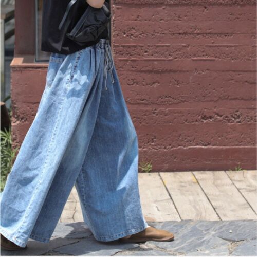 Lady Wide Leg Denim Pants Trousers Jeans Baggy Casual Elastic Waist Loose Pants - Picture 5 of 10