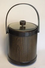 Vintage 1970s Big Ice Bucket Faux Wood Grain Gold Chrome Lid with Handle Atapco