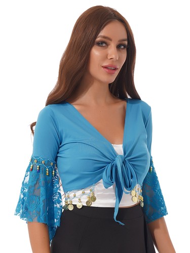 Women Lace Flare Sleeve Gold Coins Lace-Up Shawl Indian Clothing Belly Dance AU - Picture 73 of 85