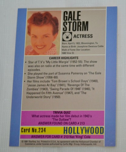 Gale Storm Actress 1991 Hollywood Walk of Fame Card #234 - Picture 2 of 2