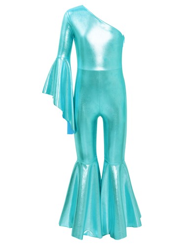 Kids Girls Dance Jumpsuit Shiny Romper Flare Sleeve Bodysuit One Shoulder - Picture 40 of 66