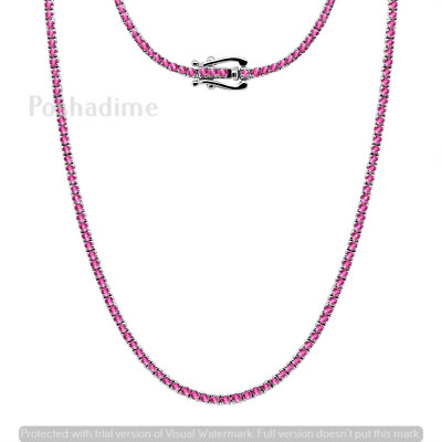 4.52 Ct Round Natural Pink Sapphire Birthstone Tennis Necklace 10K White Gold
