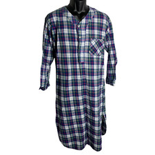Vintage 80s Oscar de la Renta Nightshirt Mens S Blue Plaid Button Long Sleeve