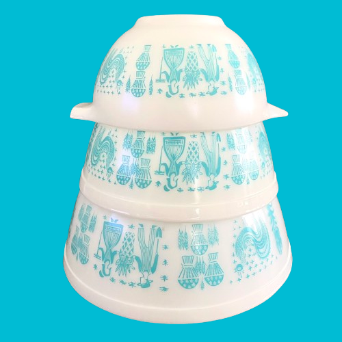 Vintage 50s Pyrex Amish Butterprint Set of 3 Mixing Bowls Turquoise 441 402 403 - Picture 1 of 15