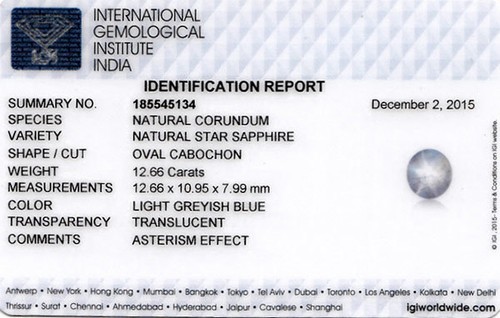 IGI Certified SRI LANKA Blue Star Sapphire 12.66 Cts Natural Untreated Oval - Picture 4 of 4