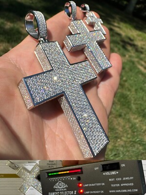 MOISSANITE 3D Big Boss Cross Pendant Iced On All Side 925 Silver Necklace 3 Size