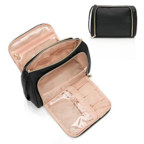 Travel Makeup Bag - Large Makeup Pouch V-Large（Pack of 1） 20_Black Leather