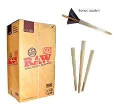 Raw Classic 1 1/4" Rolling paper Cones 900 + Bonus Loader + BONUS 100 CONES