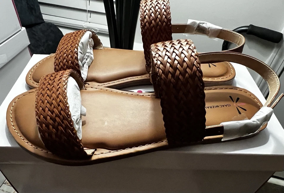 Isaac Mizrahi Live! Rosalyn Woven Sandals Size 9 Medium Padded Buckle “Cognac” - Image 2 of 4