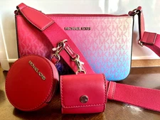 Michael Kors Jet Set Travel Crossbody Bag Tech Attached MK Ombre Dark Raspberry