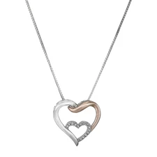 Finecraft Heart Necklace with Diamonds in Sterling Silver & Rose Gold, 18"