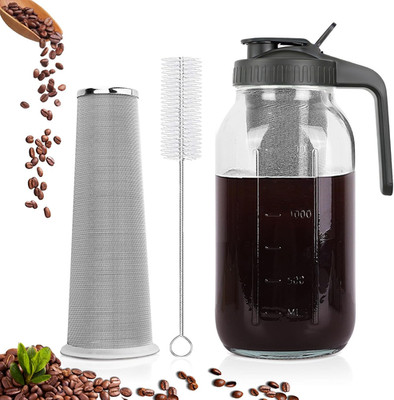 Cold Brew Coffee Maker,64 oz Mason Jar Pitcher with Stainless Steel Filter, Pour