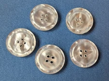 5 vintage shiny white resin clothing buttons, flat, 4 holes, 1" diameter