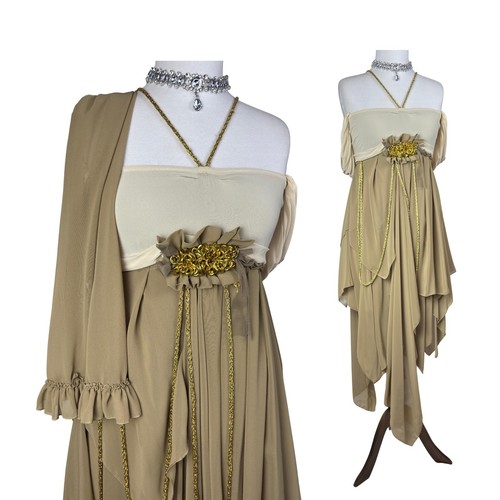 Vintage Grecian Chiffon Dress: Beige, Asymmetric Handkerchief Hem