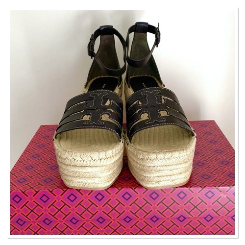 Tory Burch Ines Käfig Keilabsatz Espadrilles Sandalen gewalktes Leder schwarz Größe 9 - Bild 3 von 9