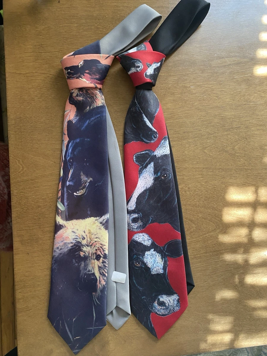 Men’s Lot Of 2 Neckties Cow and Bears Grizzly BlackBear Ralph Marlin Animals